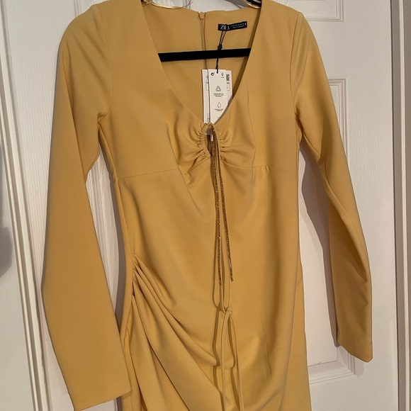 Dress Zara Draped Long sleeve Jeweled Neck Stretchy Mini Size M NWT - Picture 2 of 5